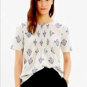 Madewell Silk Pintuck Button Gingham Blouse Blue White Cream